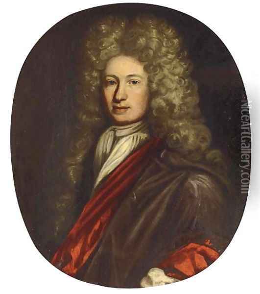 Portrait of William Rawson of Bradford Manor House, bust-length, in red robes and white stock Oil Painting - Johann Closterman