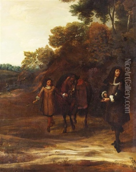 Kavalier Mit Pferd Und Page Am Waldrand Oil Painting - Gonzales Coques