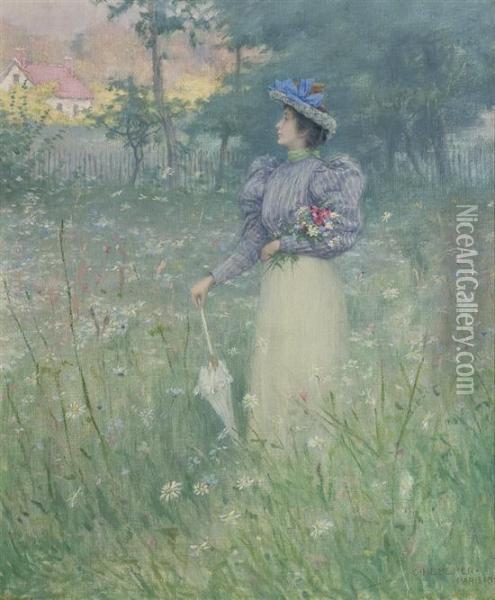 Gathering Flowers Oil Painting - Charles Heberer