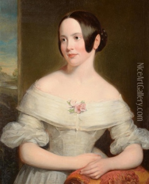 Portrait Of A Young Fashionable Lady Standing, Half Length Wearing A White Dress And Flowers Pinned To Her Decolletage Oil Painting - Charles Baxter