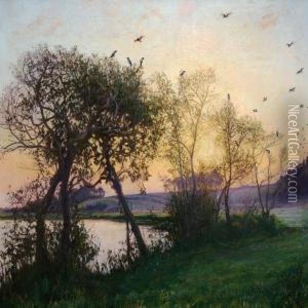 Autumn Morning With Trees And Flying Birds At A Lake Oil Painting - Pauline Thomsen