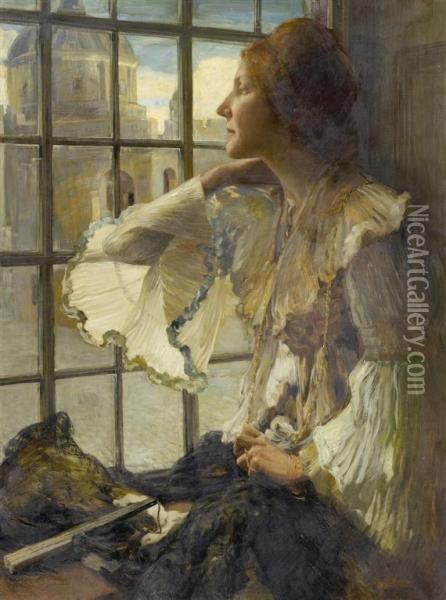 Portrait Of A Lady At A Window With A View Of Theflorence Cathedral Oil Painting - Robert Burns