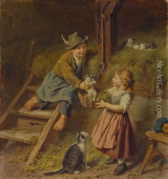 Zwei Kinder Mit Katzen Oil Painting - Felix Schlesinger