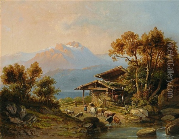 Alm Am Gebirgssee / Muhle Am Gebirgsbach (2 Works) Oil Painting - Heinrich Karl Brueckner