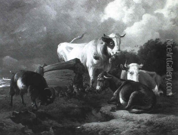 Tiere Auf Der Weide An Einem Wasserloch Oil Painting - Louis Robbe