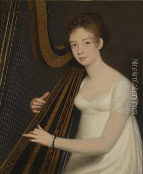 Portrait Of A Young Woman Playing The Harp Oil Painting - Robert Home