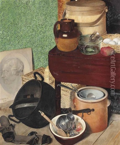 An Earthenware Jug, Glass Bowl, A Basket Of Eggs And A Wooden Case On A Table, With An Iron Pan, Kitchen Utensils And A Wicker Basket, Sandals And A Bust Relief In An Interior Oil Painting - Thomas Fowke