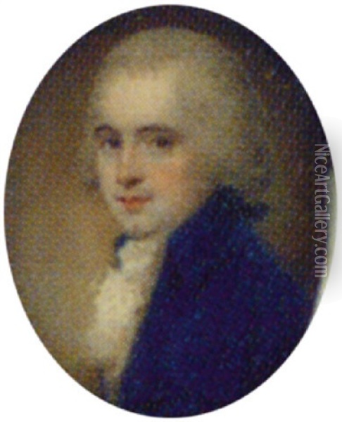 A Gentleman With Powdered Hair En Queue, Wearing A Blue Coat With White Shirt And Cravat Oil Painting - Samuel Shelley