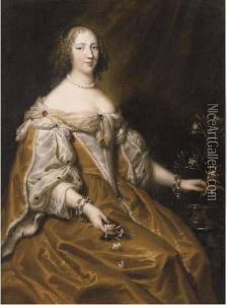 Portrait Of A Lady, Three-quarter-length, Holding Sprigs Of Jasmine Oil Painting - Justus van Egmont