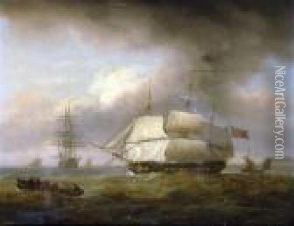 A Pair, Unloading The Catch By A Ruin And Returning To Shore Oil Painting - Thomas Luny