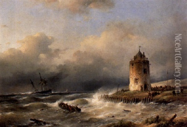 A Coastal Scene Oil Painting - Lodewijk Johannes Kleijn