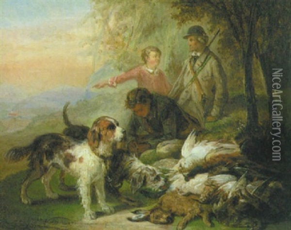 Nach Der Jagd: Zwei Jager, Bursche Und Hunde Vor Dem Am Boden Liegenden, Erlegten Niederwild Oil Painting - Zacharias Noterman