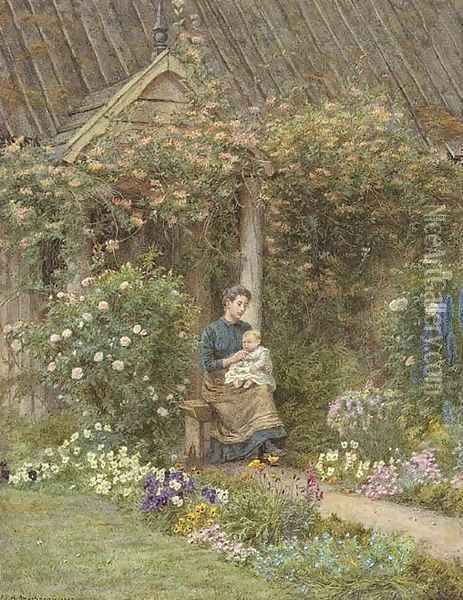 A mother feeding her infant at the cottage door Oil Painting - Edith Martineau