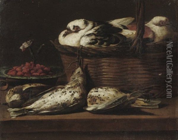 Doves In A Wicker Basket Oil Painting - David de Coninck