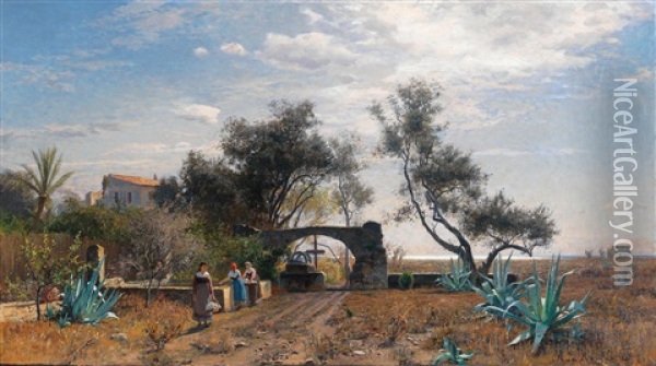 Italian Landscape With Women At The Well Oil Painting - Max Wilhelm Roman