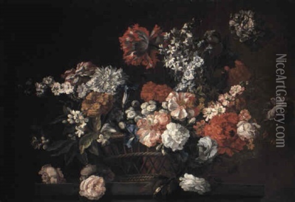 Flowers In A Basket On A Pedestal Oil Painting - Pieter Casteels III