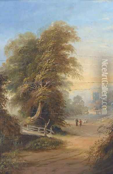 Figures on a wooded track with a church tower beyond Oil Painting - Samuel David Colkett