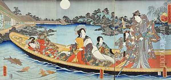 Triptych depicting a prince princess and court ladies boating on a garden pond under a full moon in June Oil Painting - Utagawa Kunisada