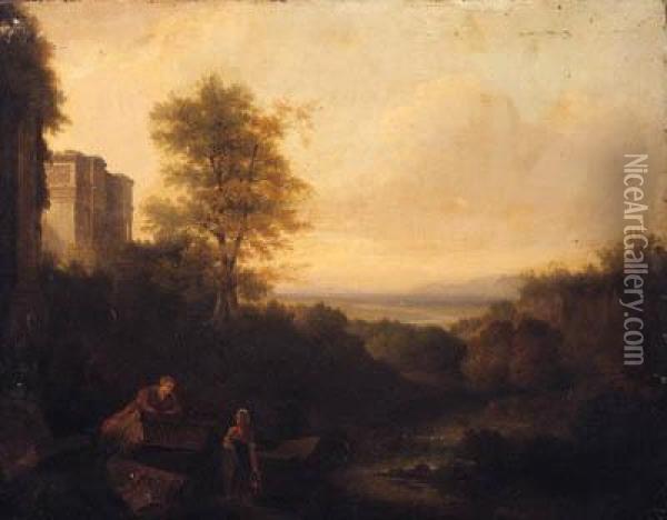 Figures Resting In A Classical Landscape Oil Painting - Richard Wilson