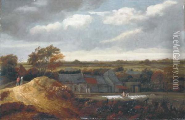 A View Of The Bleaching Grounds Near Haarlem, With Figures On Apath, The Church Of Saint Bravo Beyond Oil Painting - Guillam de Vos