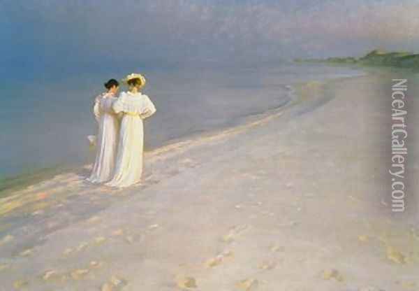 Summer Evening on the Skagen Southern Beach with Anna Ancher and Marie Kroyer Oil Painting - Peder Severin Kroyer