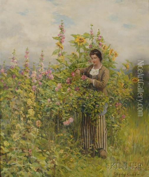 Woman Tending Hollyhocks. Oil Painting - Daniel Ridgway Knight