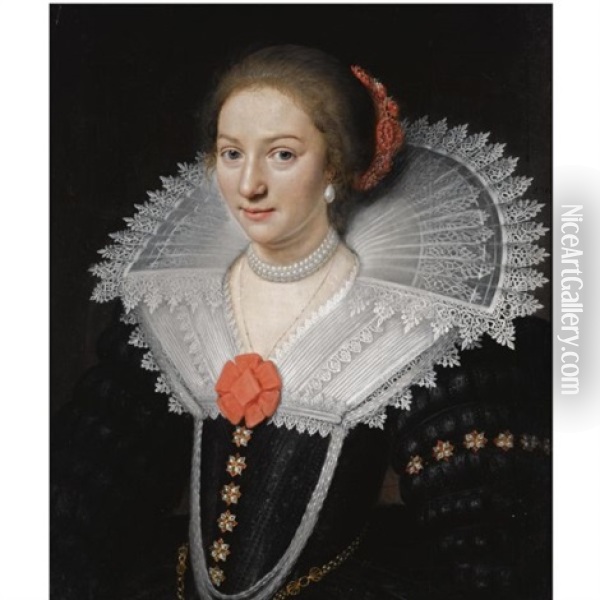 A Portrait Of A Lady, Half Length, Wearing A Black Dress With A White Lace Collar And Pearl Jewellery Oil Painting - Jan Anthonisz Van Ravesteyn