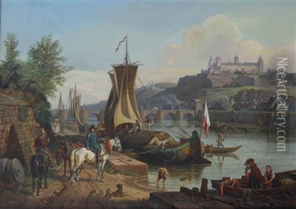 A View Of Wurtzburg With The Old Bridge And The Marienberg Fortress Oil Painting - Johann Adam Klein