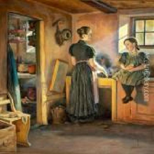 A Mother And Herdaughter In The Kitchen Oil Painting - Viggo Christian Frederick Pedersen
