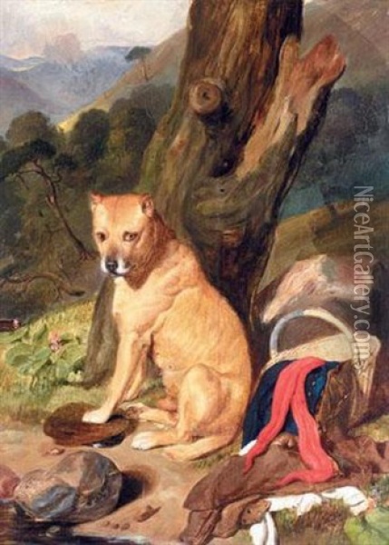 A Dog Sitting By A Tree In A Landscape Oil Painting - Sir Edwin Henry Landseer