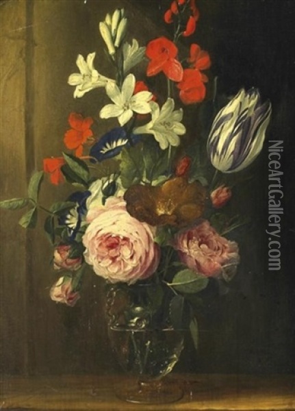 Blumenstilleben In Einer Glasvase Oil Painting - Jan van den Hecke the Elder