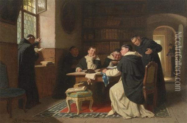 Friars In The Library Oil Painting - Reinhard Sebastian Zimmermann