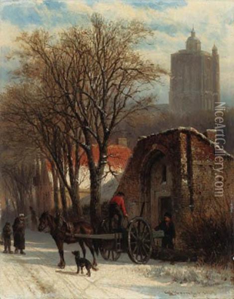 Brielle In Winter With A Figure Unloading A Cart Oil Painting - Cornelis Springer