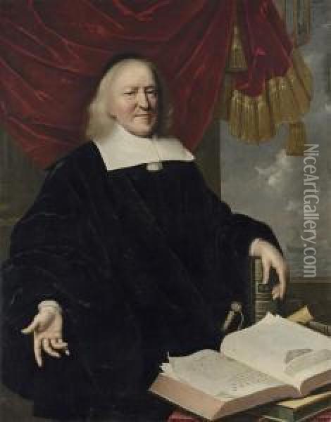 Portrait Of Hendrik Thiebaut, 
Three-quarter-length, In Black, Hisleft Hand Resting On A Copy Of The 
Bible, An Open Copy Of Annaleset Histoires Des Troubles Du Pais-bas On 
The Table In Front Of Him,a Draped Curtain And Coastal Landscape Beyond Oil Painting - Pieter Nason