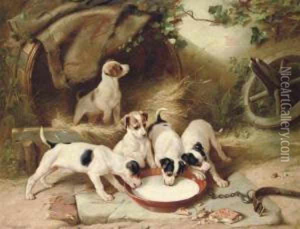 Puppies' Breakfast Oil Painting - Walter Hunt