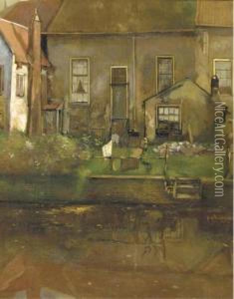 Achtergracht Te Amersfoort: A View Of Gables On A Canal Oil Painting - Herman Verkerk