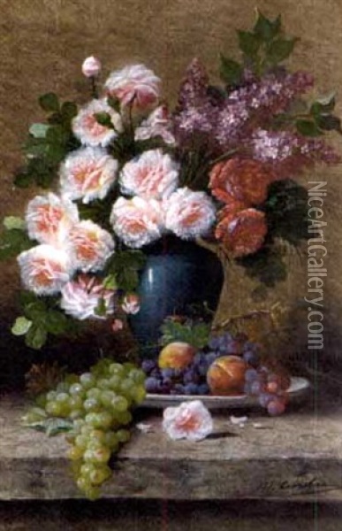 Roses And Lilacs In A Blue Vase With A Plate Of Fruit On A Stone Ledge Oil Painting - Max Carlier