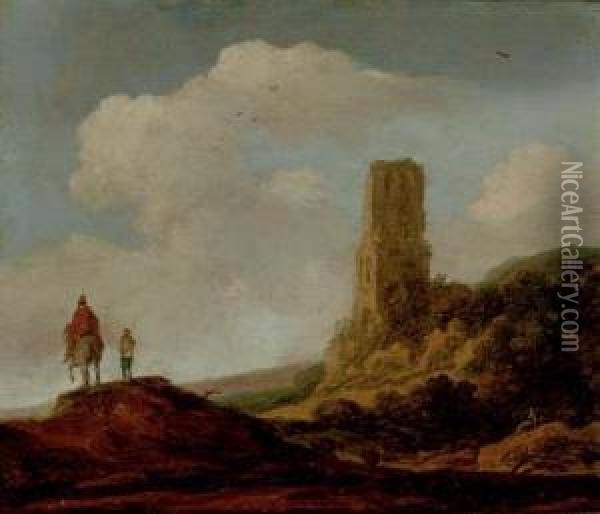 Landscape With A Ruined Tower And Travelers On A Path Oil Painting - Pieter De Molijn