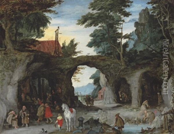 A Mountainous Landscape With Pilgrims Visiting A Shrine In A Grotto At A Hermitage Oil Painting - Jan Brueghel the Elder