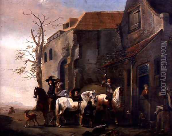 Riders and Horses at the Door of an Inn Oil Painting - Pieter Wouwermans or Wouwerman