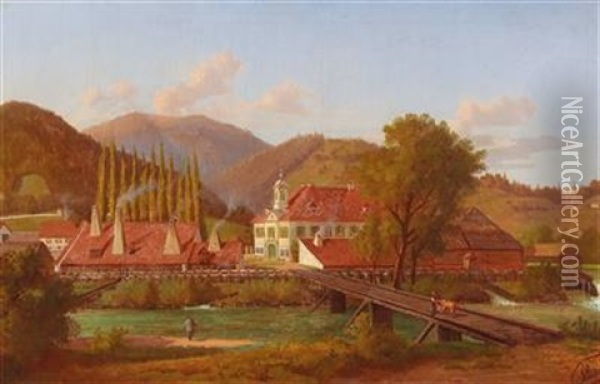 View Of Schlos Friedau With The Kindthal Scythe Factory Near Kindberg Oil Painting - Josef von Schloegl
