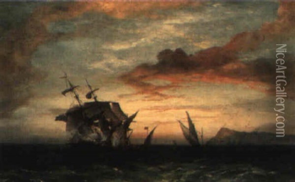 A Twilight Scene With A Pirate Attacking A Brig Oil Painting - William Callcott Knell