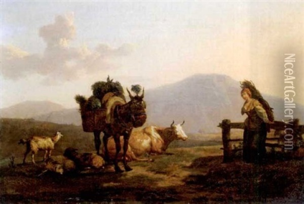 Reisigsammlerin Und Vieh Vor Abendlicher Berglandschaft Oil Painting - Francois Duval