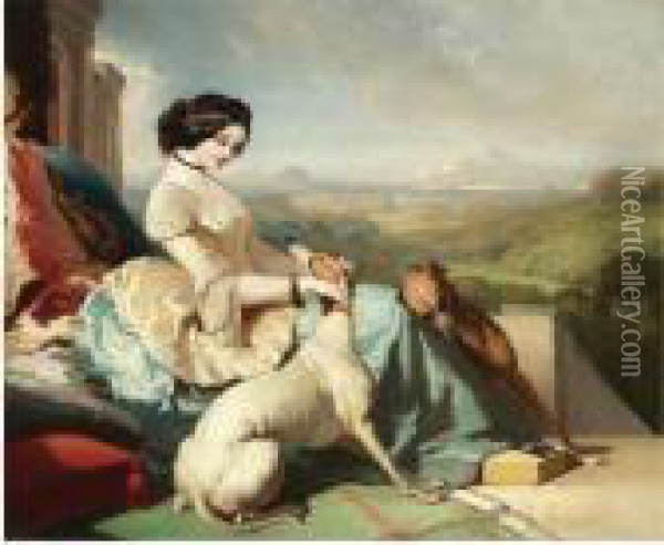 Chtelaine Assise Avec Les Levriers Sur La Terasse D'un Chateau En Ecosse Oil Painting - Alfred De Dreux