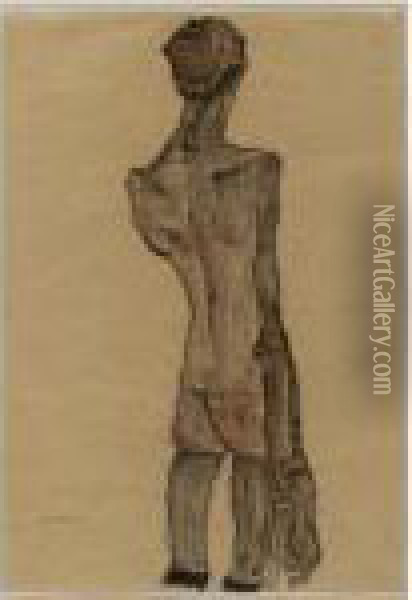 Stehender Mannlicher Ruckenakt (standing Male Nude, Back View) Oil Painting - Egon Schiele