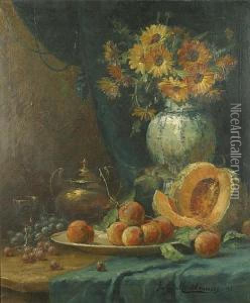 Stilleven Met Bloemen, Perziken, Meloen En Koperen Koffiepot Oil Painting - Frans Mortelmans