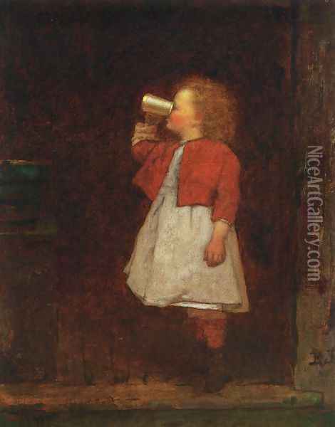 Little Girl with Red Jacket Drinking from Mug Oil Painting - Eastman Johnson