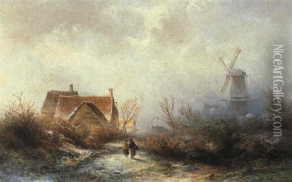 Winter Landscape With Figures By A Mill Oil Painting - Pieter Lodewijk Francisco Kluyver