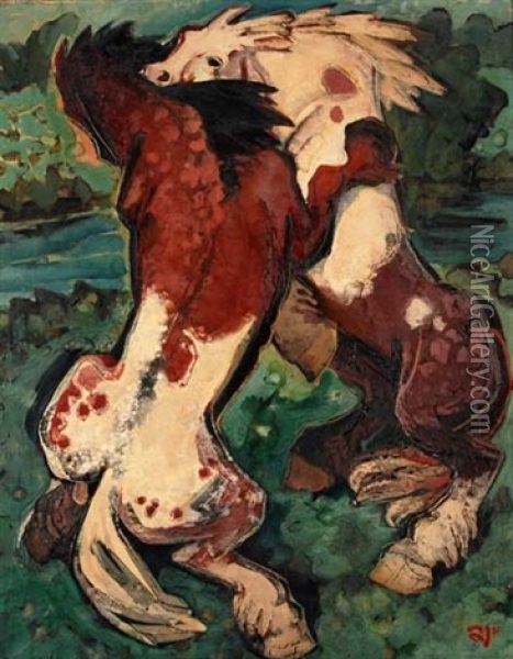 Spielende Jungpferde Oil Painting - Gustav Wiethuechter