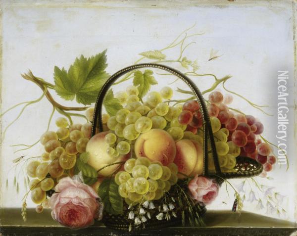 Fruit Basket With Grapes Andpeaches Oil Painting - Adelheid Dietrich
